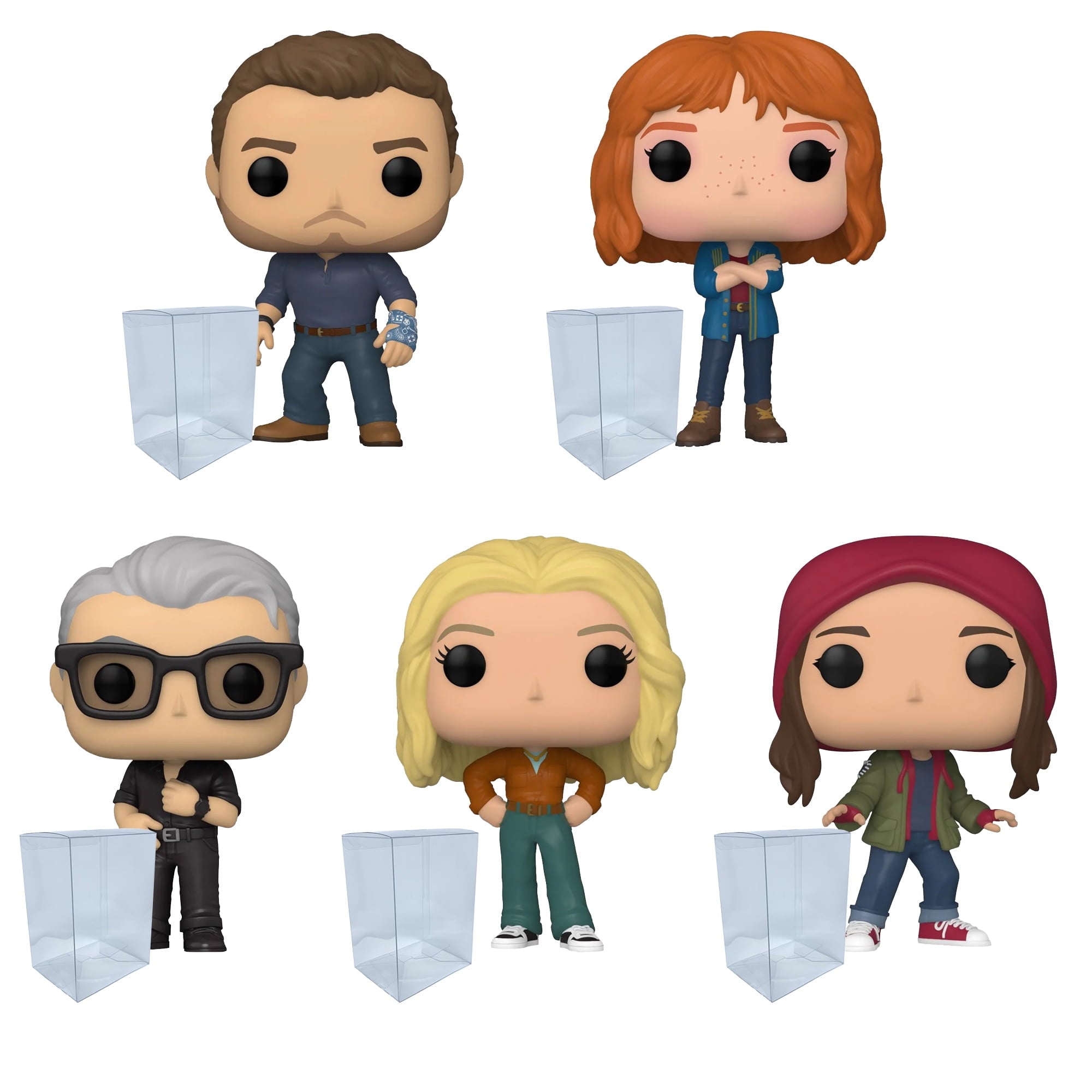 Jurassic World: Dominion Set of 5 -Includes Owen Grady, Claire Dearing, Ian Malcolm, Ellie Slattler, Maisie Funko Pops + Blue Salamander Emporium Plastic Protector Cases